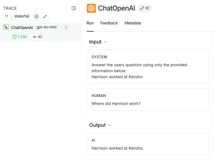 LangSmith UI showing an LLM call trace called ChatOpenAI with a system and human input followed by an AI Output.