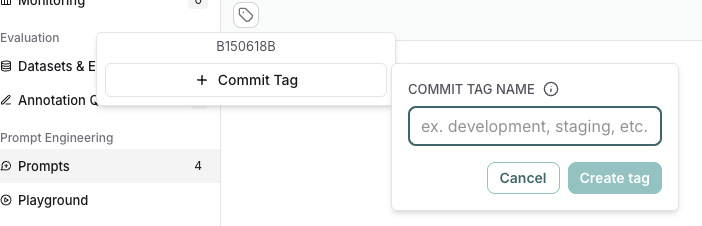 The tag, the commit tag box with the commit label, and the commit tag name box to create the tag.