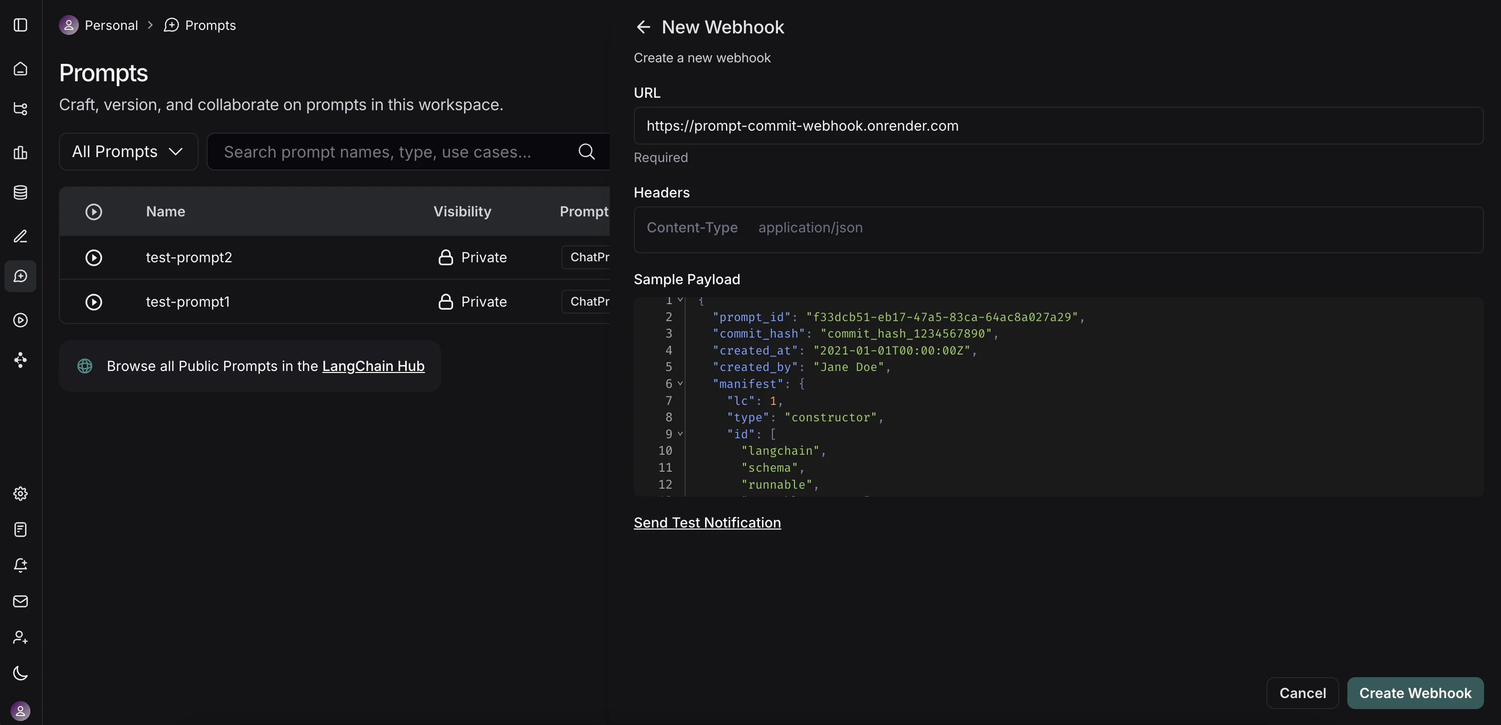 LangSmith Webhook configuration modal