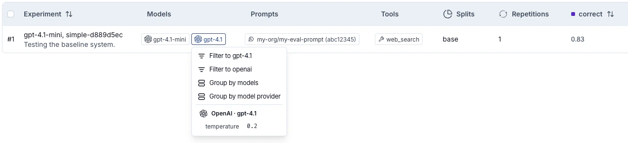 The Experiments tab view with metadata columns for models, prompts, and tools.