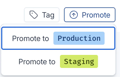 The Promote dropdown with options to promote a commit to Production or Staging.
