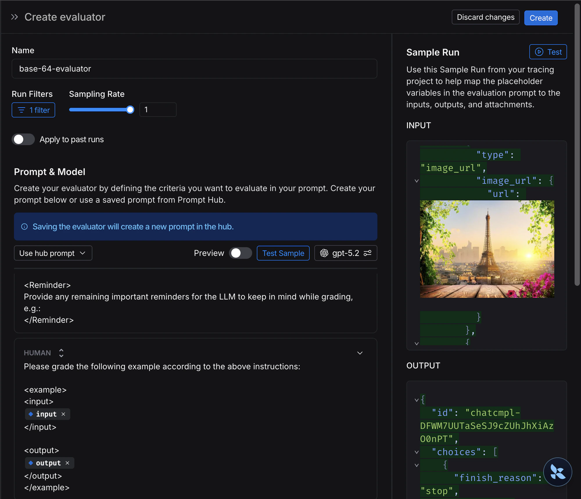 Edit evaluator modal with an image attachment selected for the input.