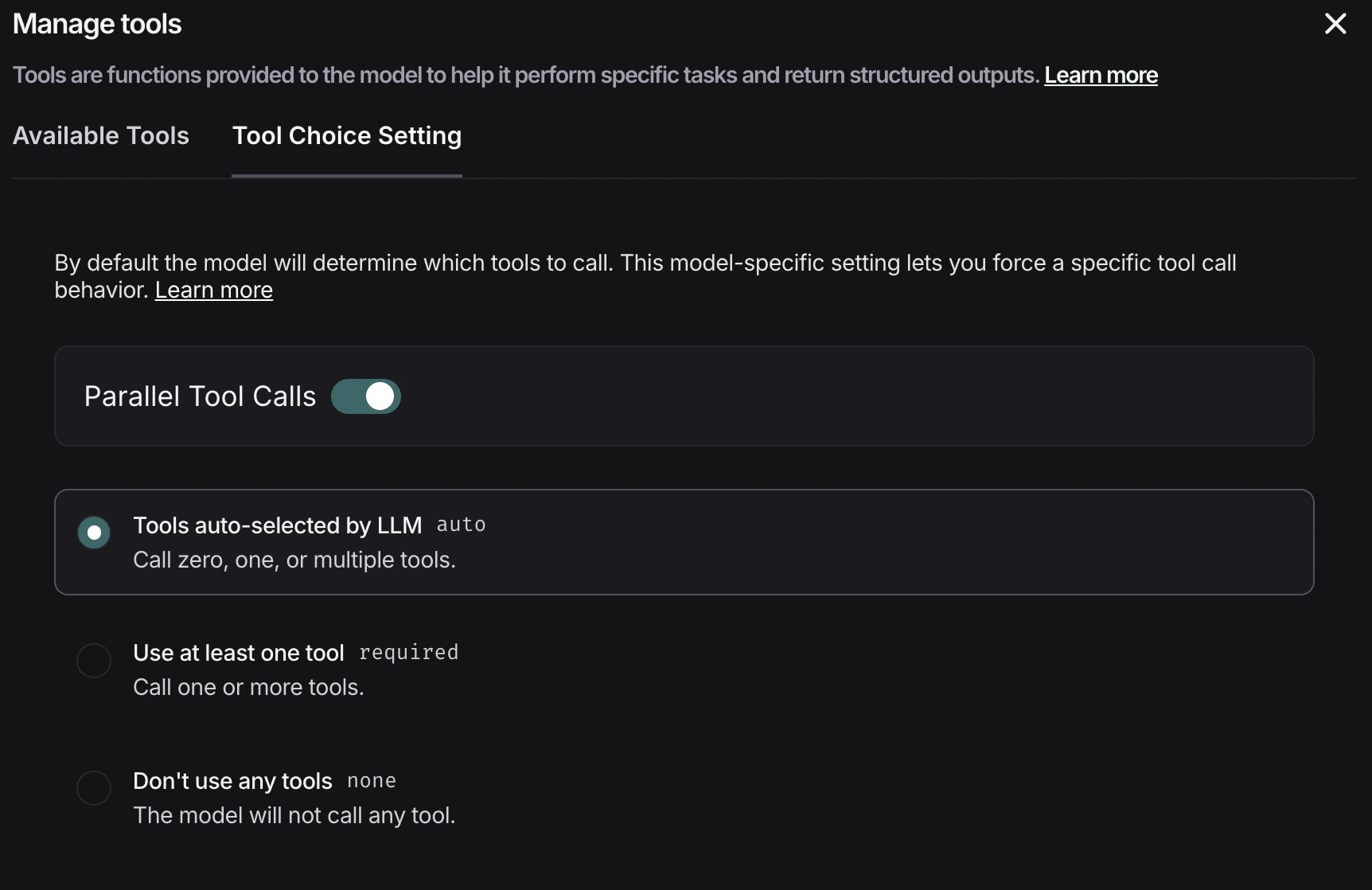 Select tools from the Tool Choice Settings tab.