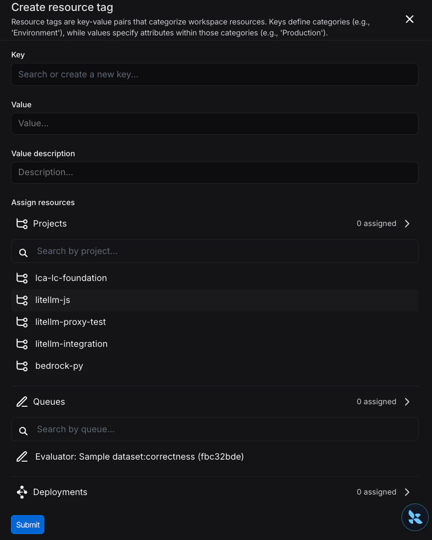 Create resource tag modal accessed from the Settings menu in the LangSmith UI.