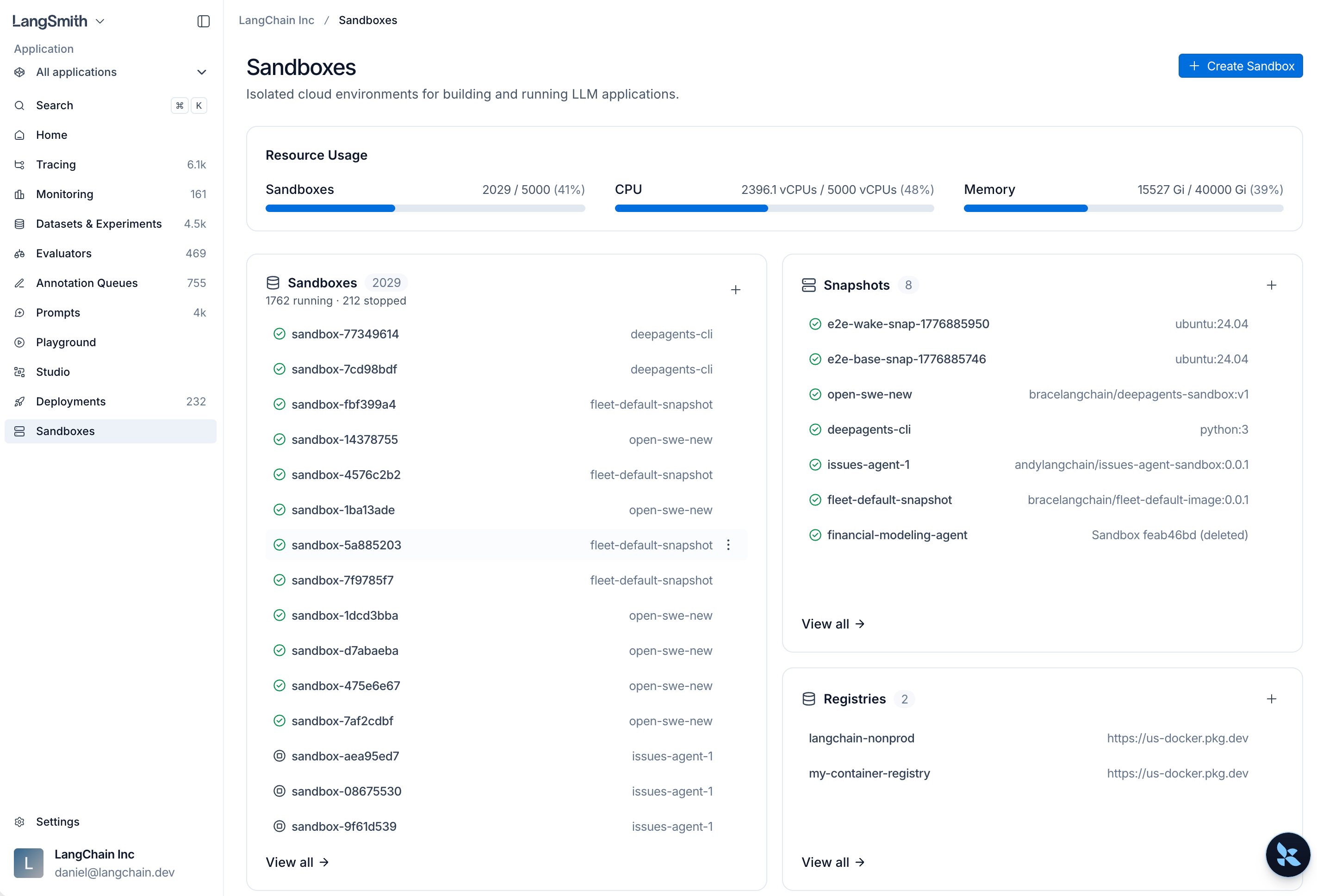 Sandboxes overview page