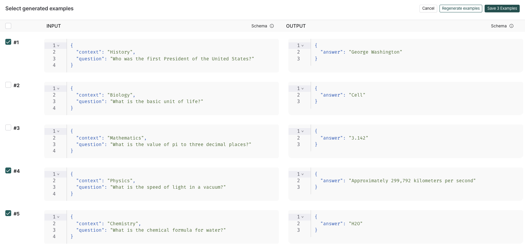 Select generated examples page with generated examples selected and Save examples button.