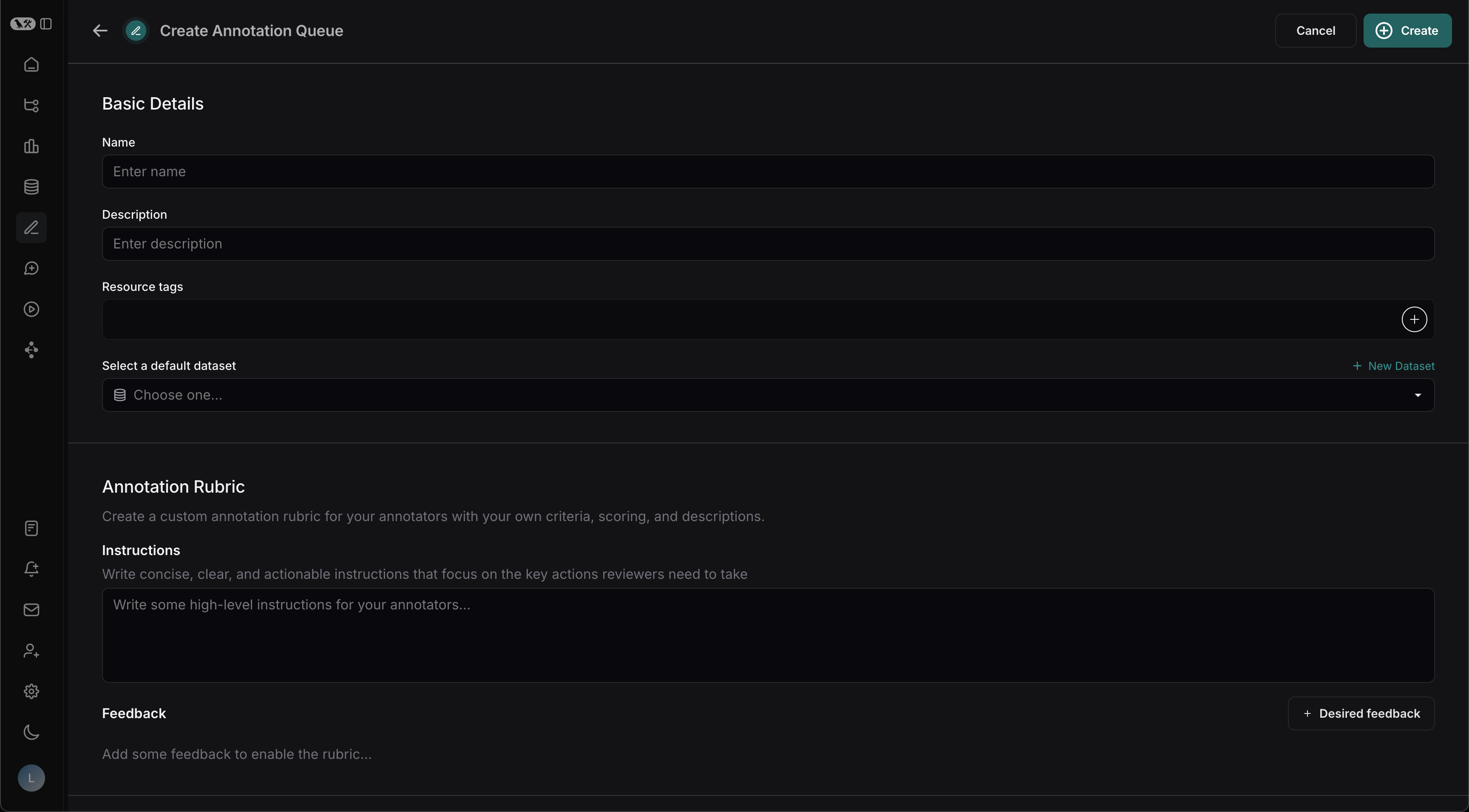 Create Annotation Queue form with Basic Details, Annotation Rubric, and Feedback sections.