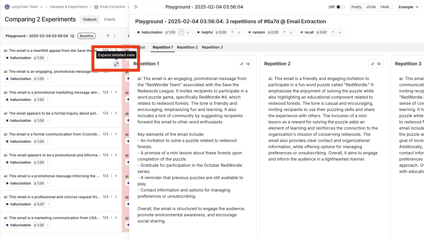 An example in the Comparing Experiments view of a expanded view of the repetitions.