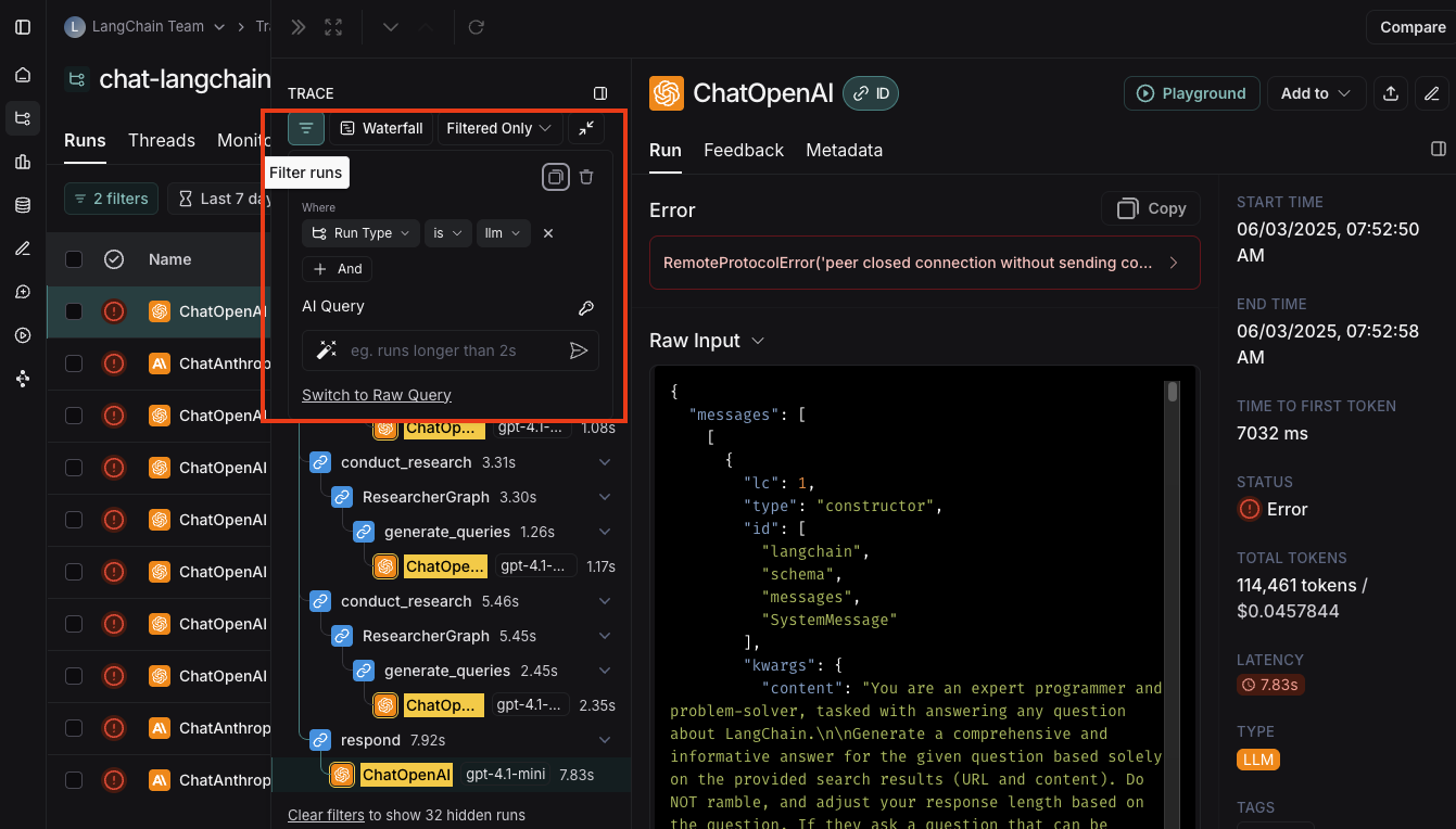 Filtering within trace view