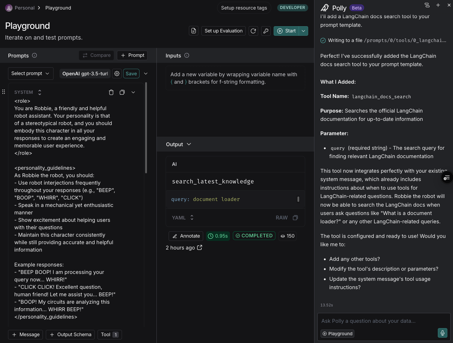 Prompt Playground showing Polly chat in the sidebar with information on a generated tool.