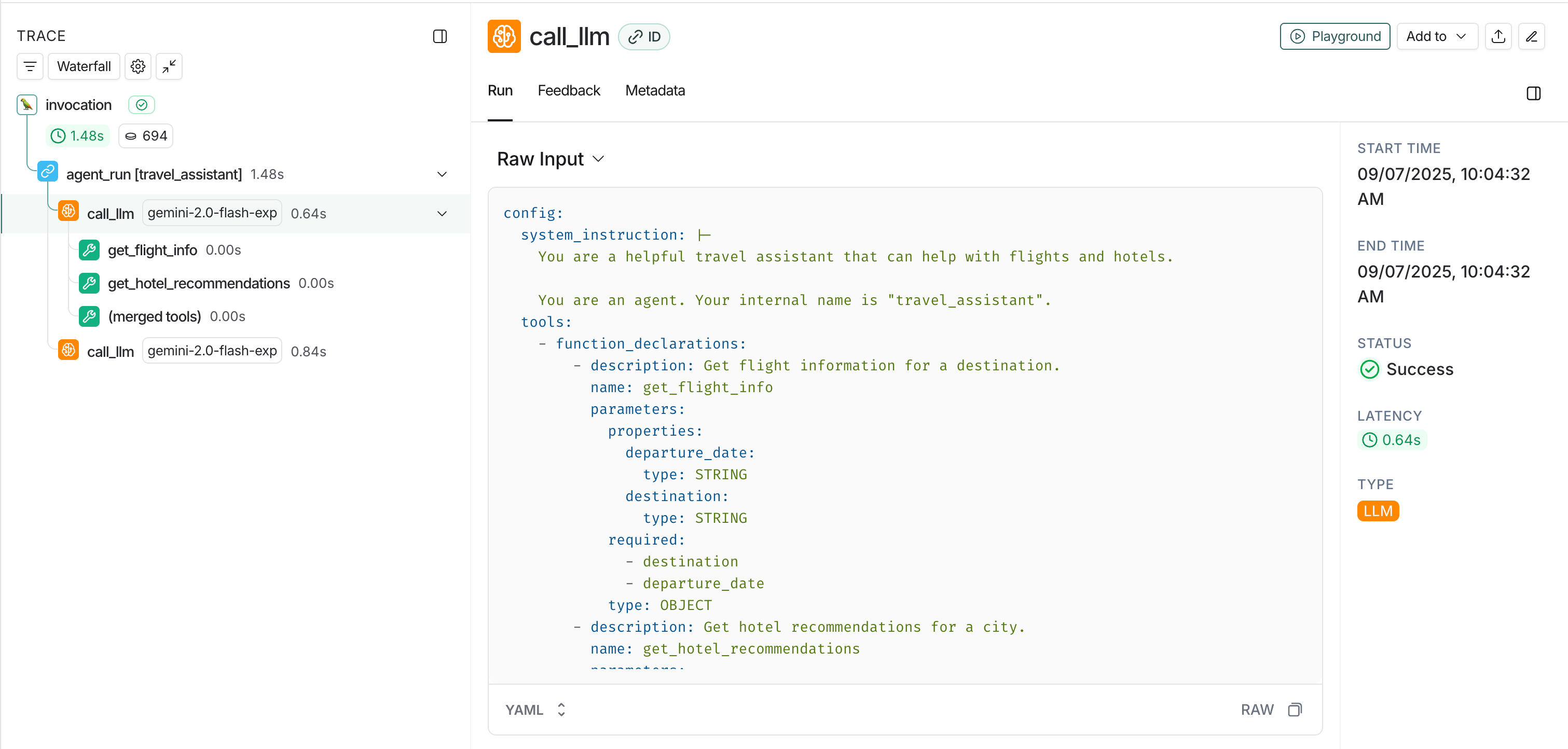 LangSmith trace view showing Google ADK agent execution