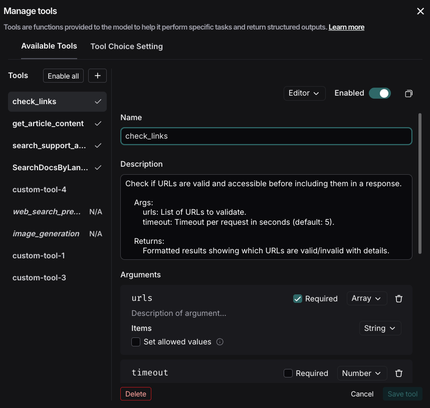 Manage tools with a list of available tools, Enabled switch, and edit functionality.