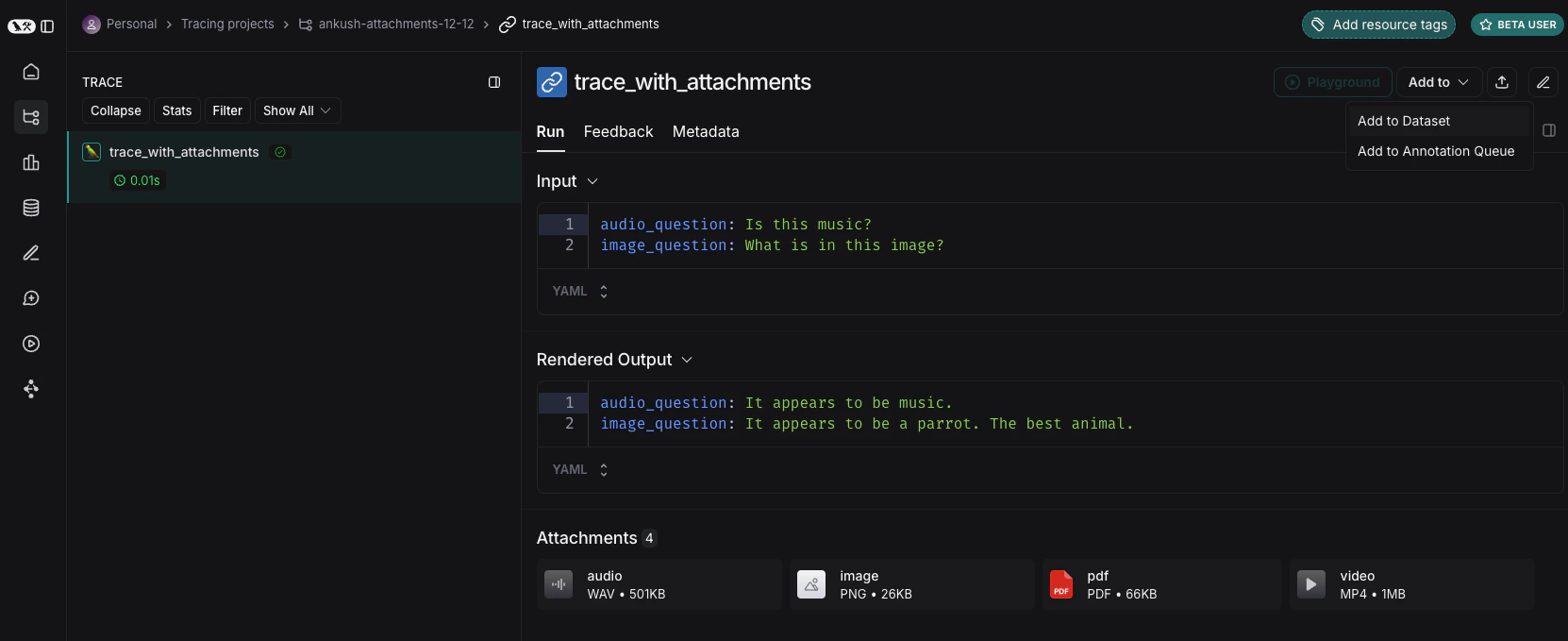 Add trace with attachments to dataset