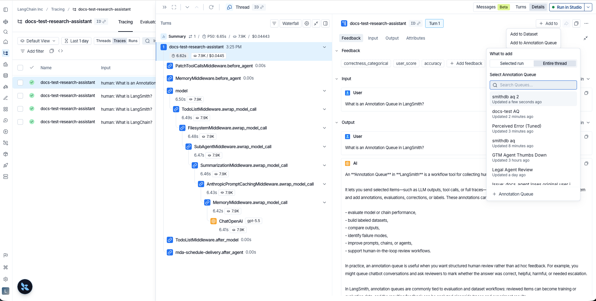 Add to Annotation Queue popover with What to add tabs for Selected run and Entire thread, and a queue picker.