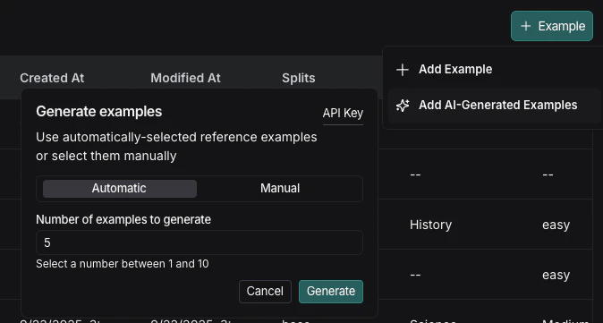 The AI-Generated Examples configuration window. Selections for manual and automatic and number of examples to generate.