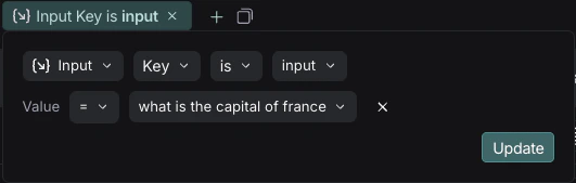 LangSmith filter showing input key-value search for 'input' key with value 'What is the capital of France?'