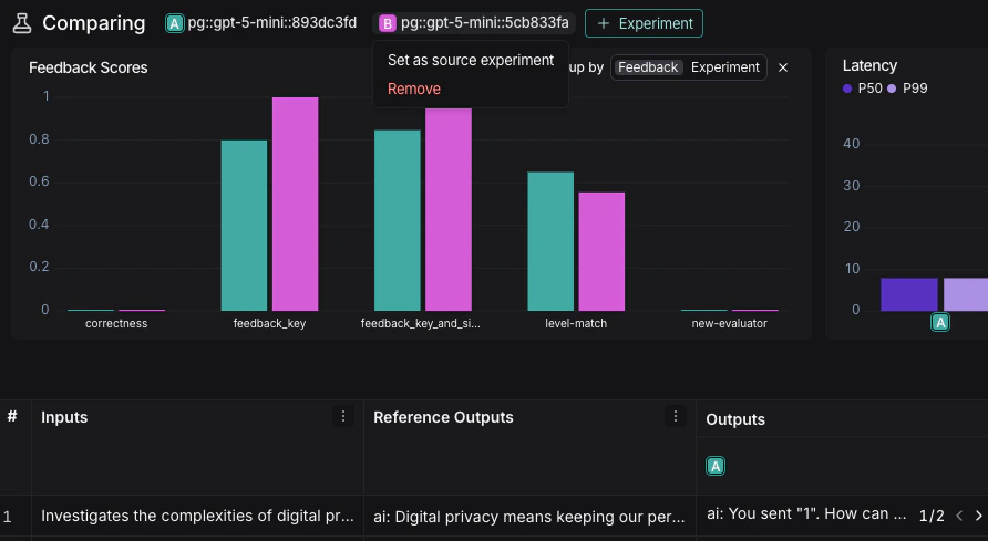 Setting a source experiment from the experiment icons at the top of the Comparison view.