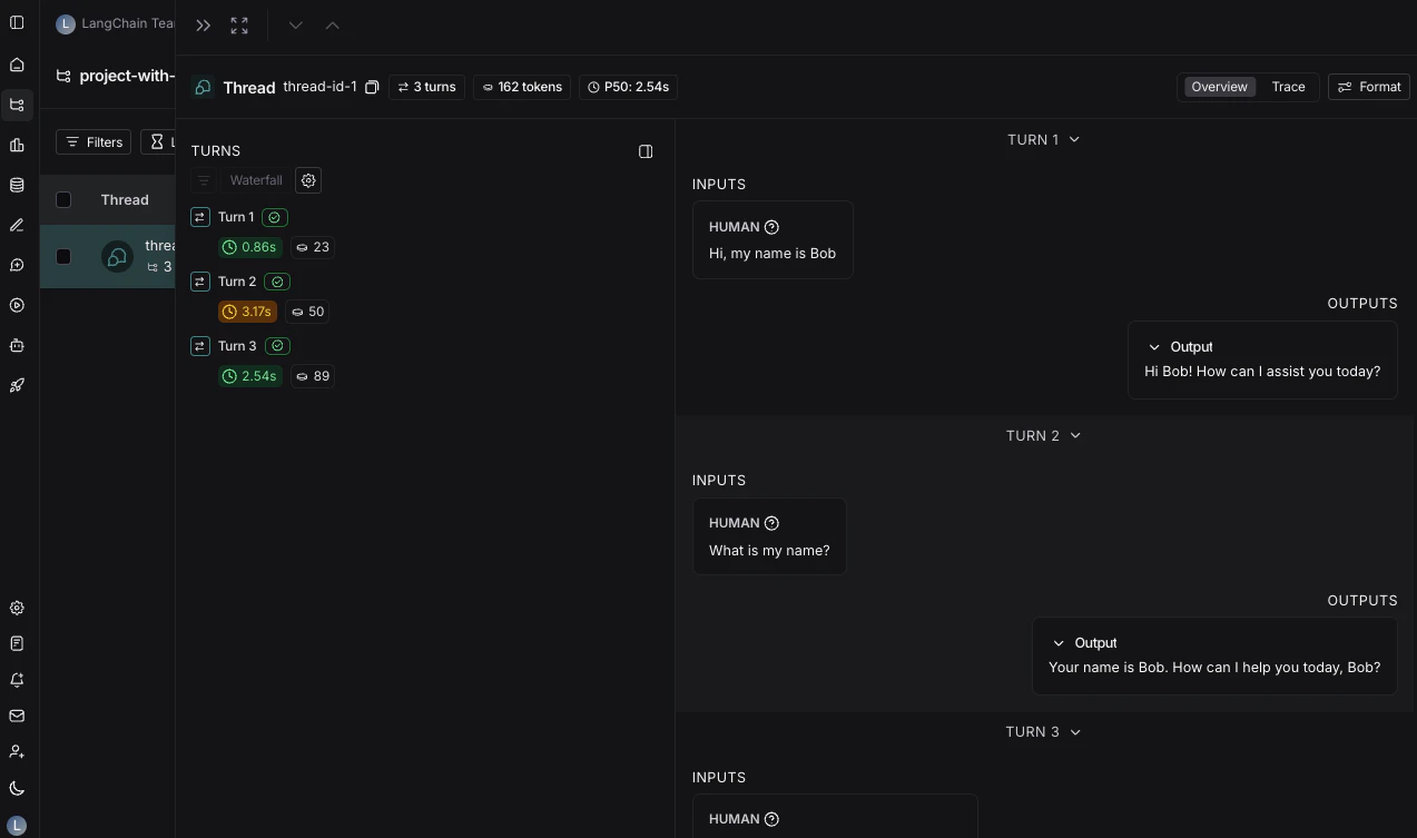 LangSmith UI showing the threads table.