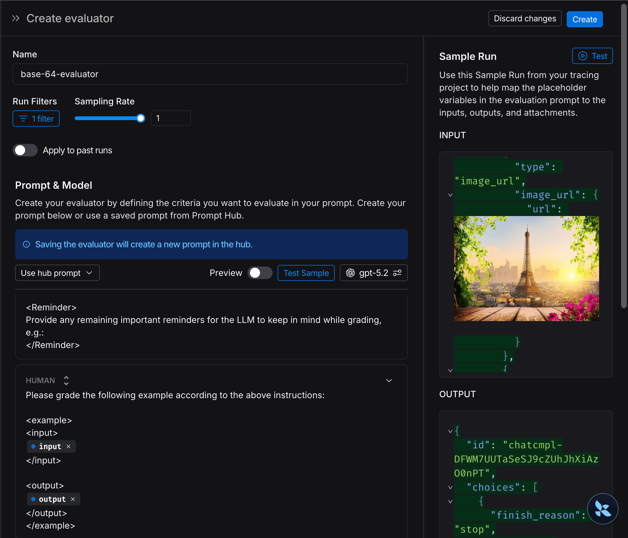 Edit evaluator modal with an image attachment selected for the input.