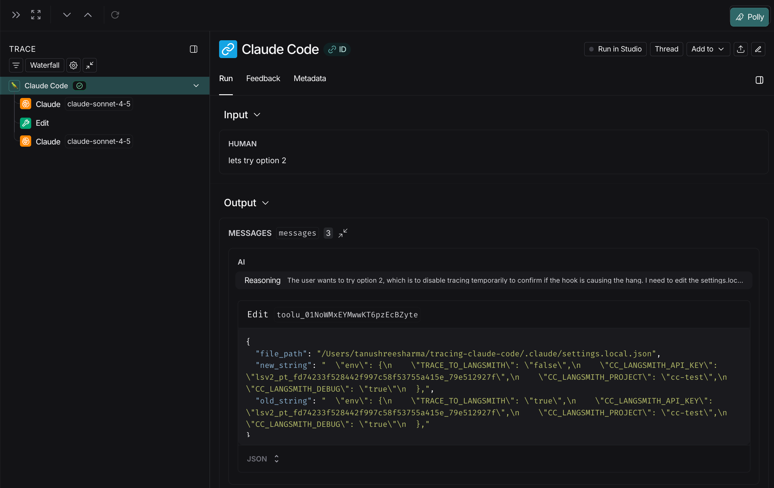LangSmith UI showing trace from Claude Code.