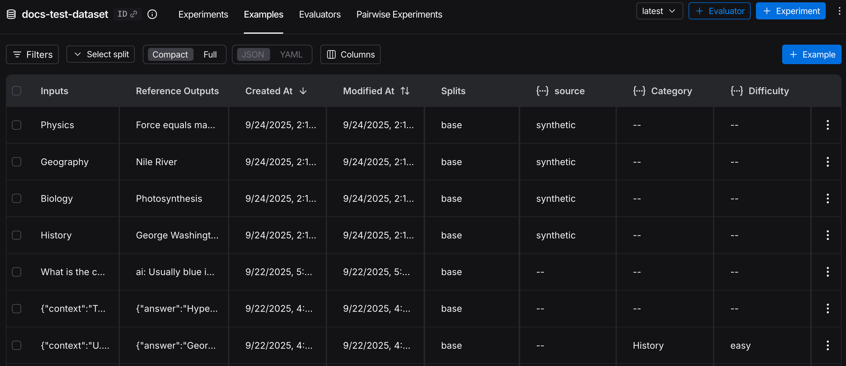 List of datasets on the Examples tab in the LangSmith UI.
