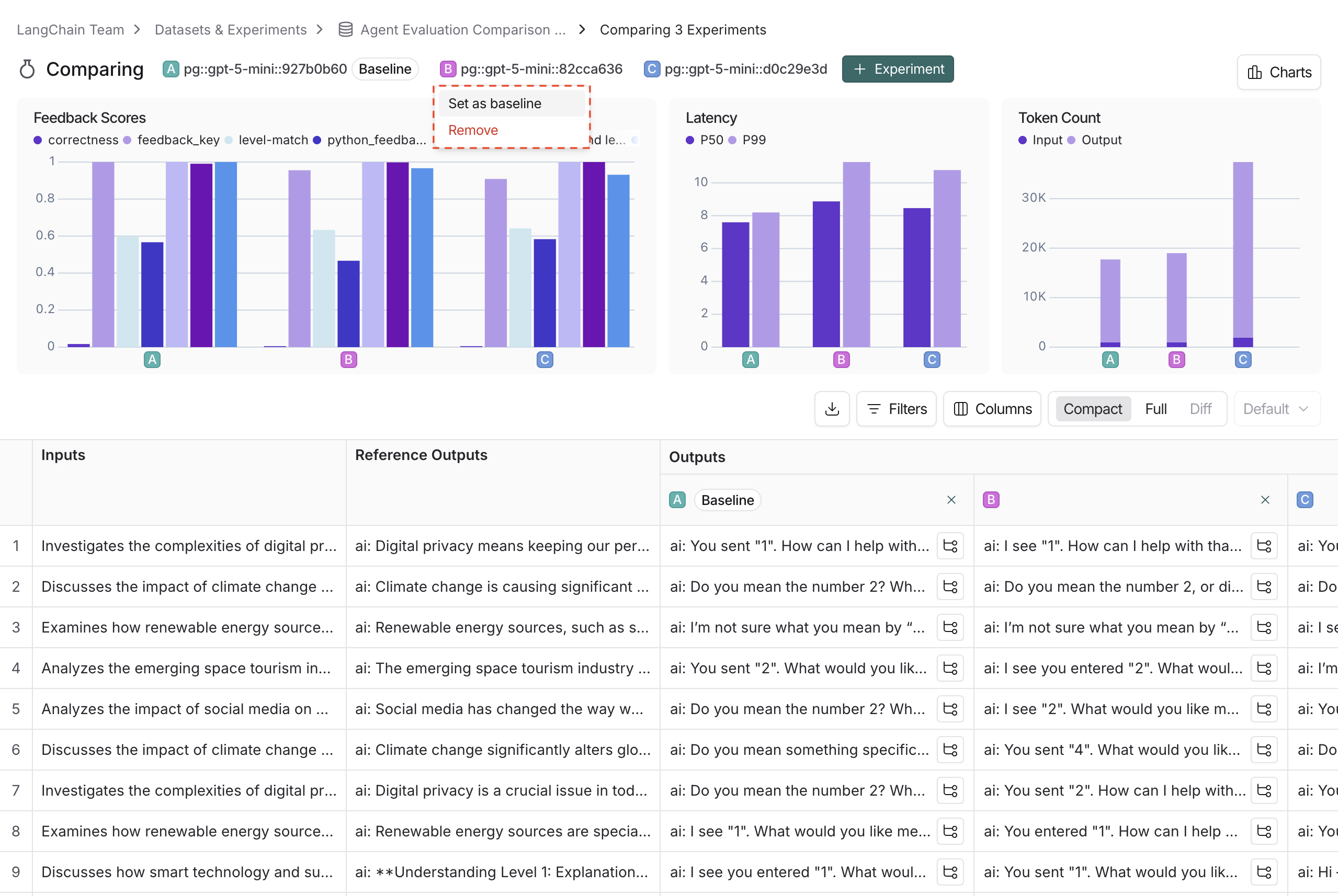 Configuring baseline experiment in dropdown, in light mode.