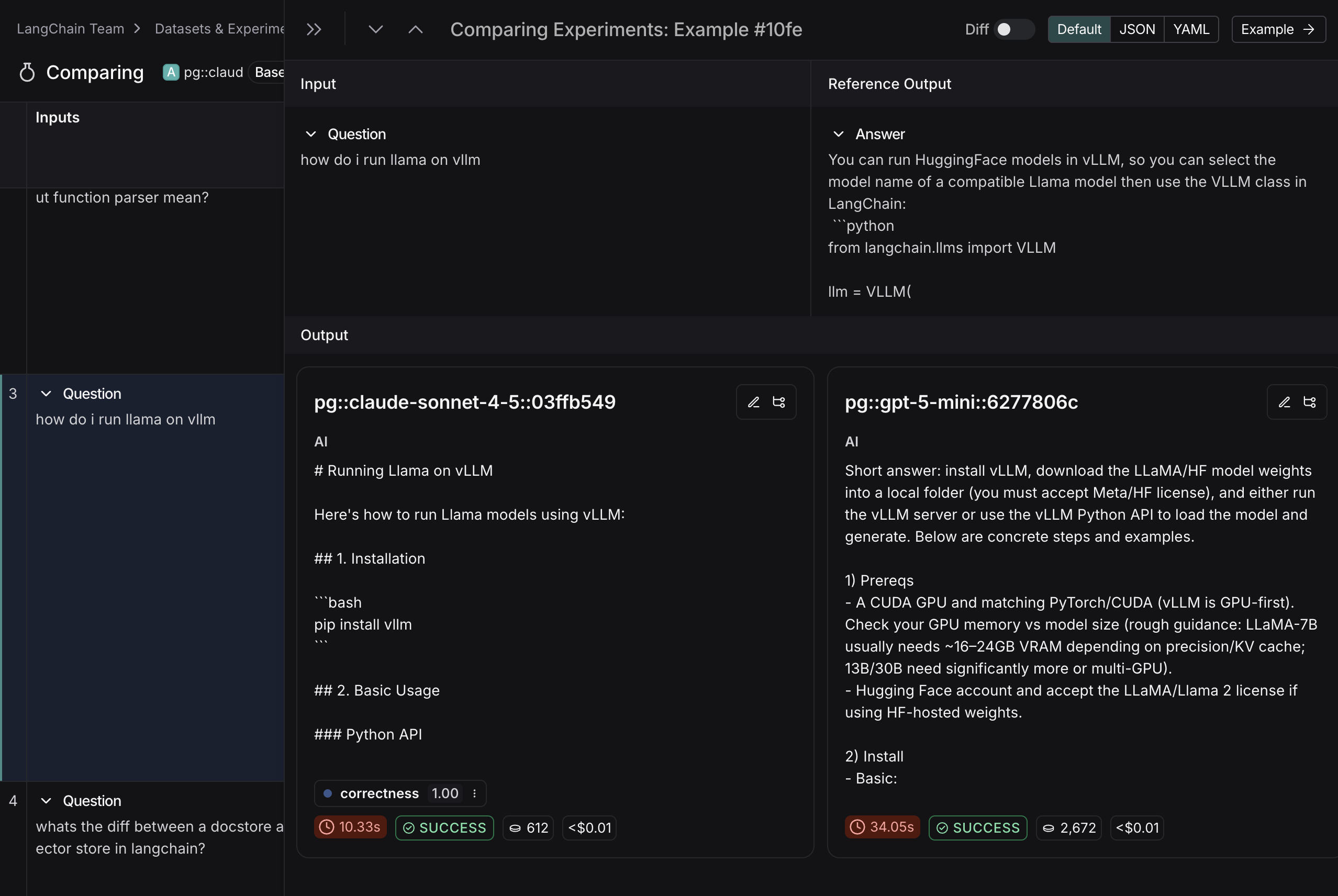 An example in the expanded Comparing Experiments view, in dark mode.