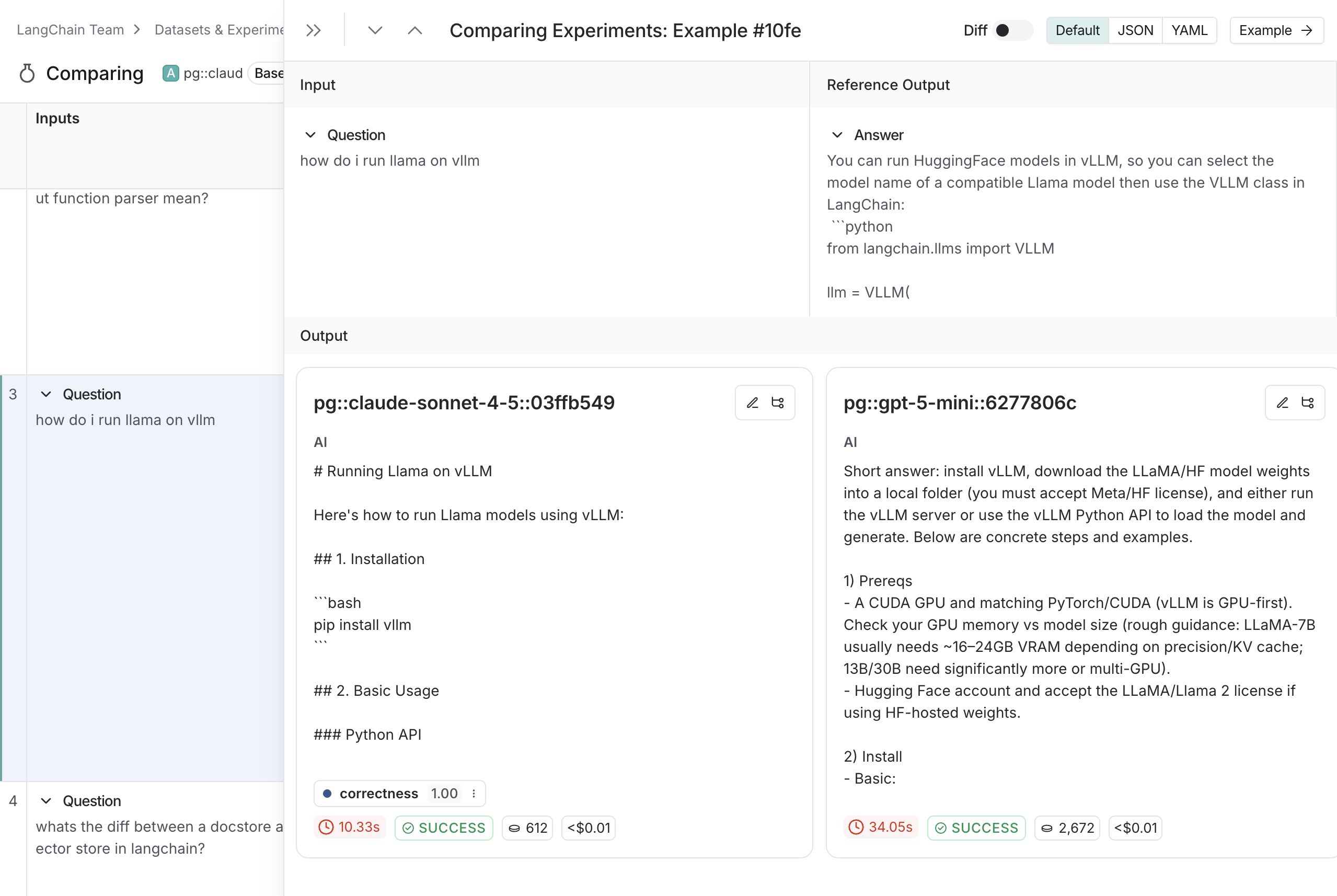 An example in the expanded Comparing Experiments view, in light mode.