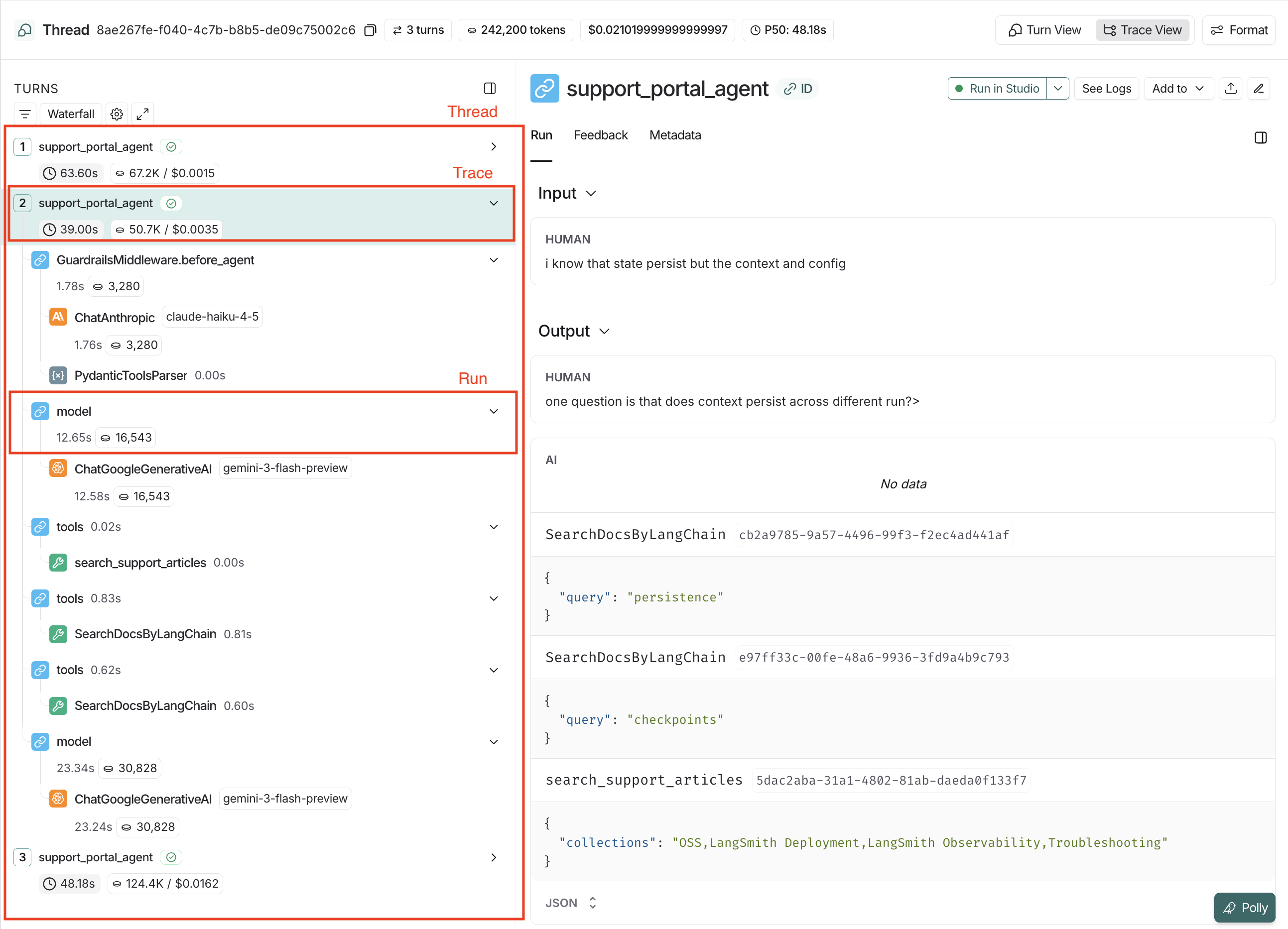 LangSmith UI showing the threads table.