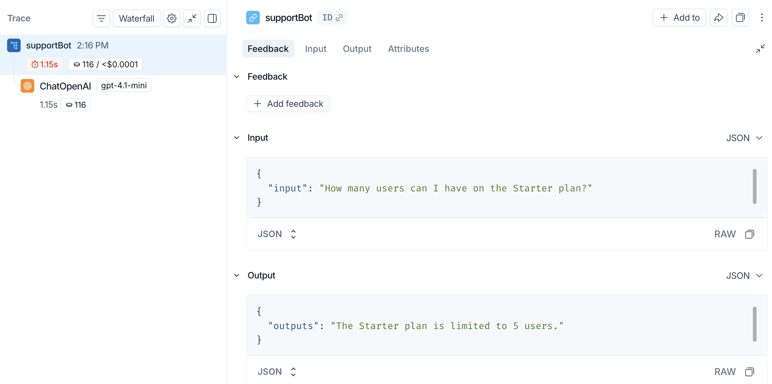 LangSmith UI showing a trace with an outer application span and a nested LLM call span.