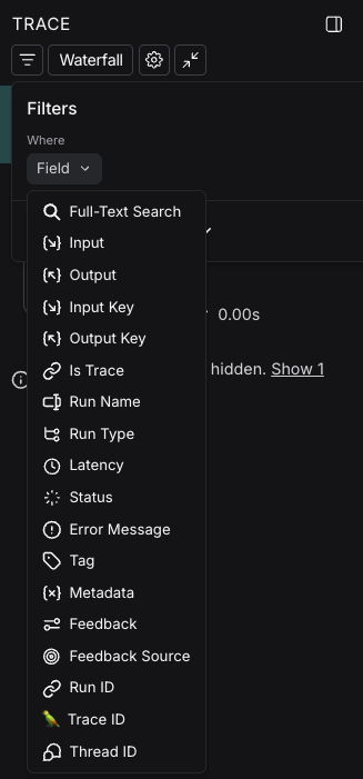 LangSmith trace view showing filter options with 'Filtered Only', 'Show All', and 'Most relevant' view modes