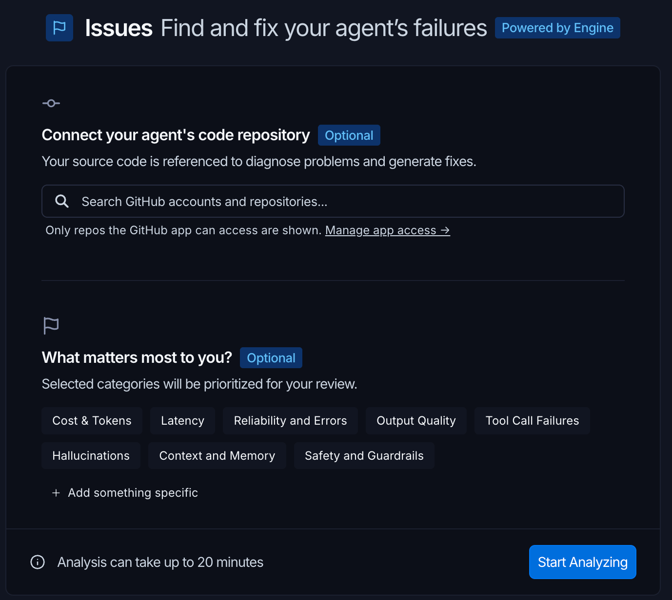Setup dialog showing the code repository field and category selections for prioritizing issue types