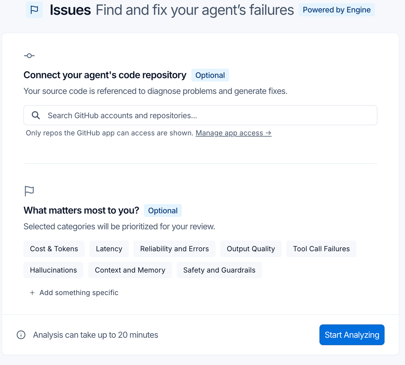 Setup dialog showing the code repository field and category selections for prioritizing issue types
