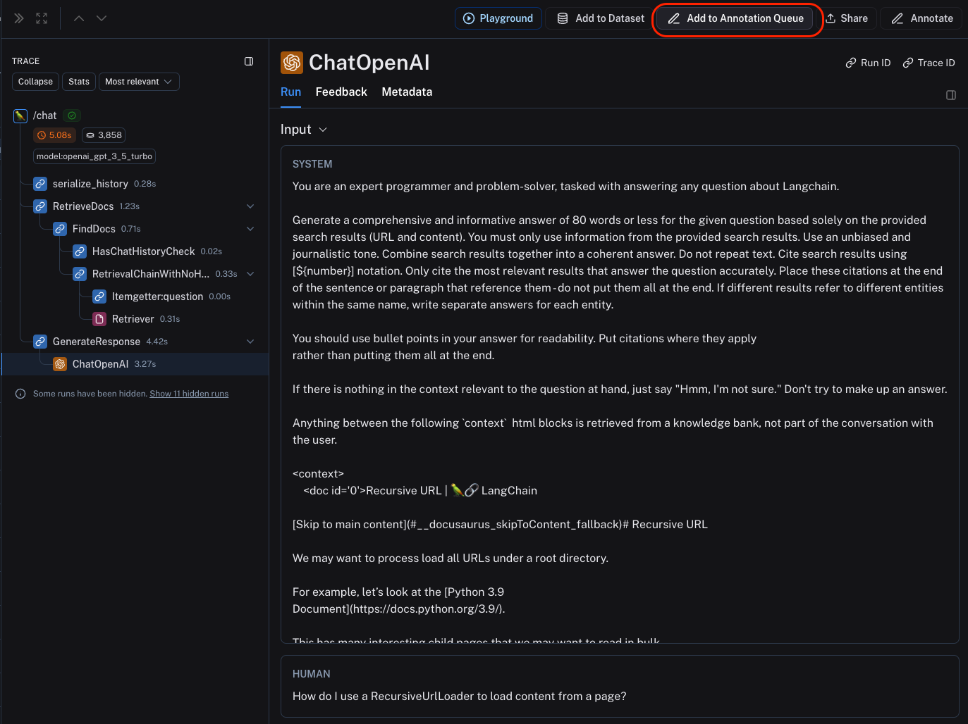 Trace view with the Add to Annotation Queue button highlighted at the top of the screen.