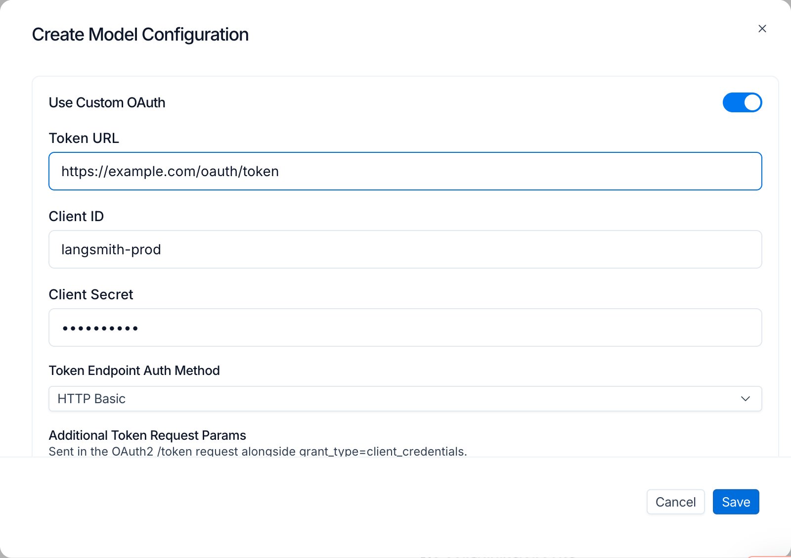 Model configuration Create modal in LangSmith Settings with Use Custom OAuth toggled on, showing Token URL, Client ID, masked Client Secret, and Token Endpoint Auth Method set to HTTP Basic.