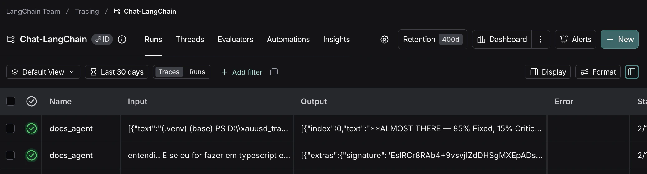 LangSmith filter bar showing view dropdown, time range selector, traces/runs toggle, and add filter button