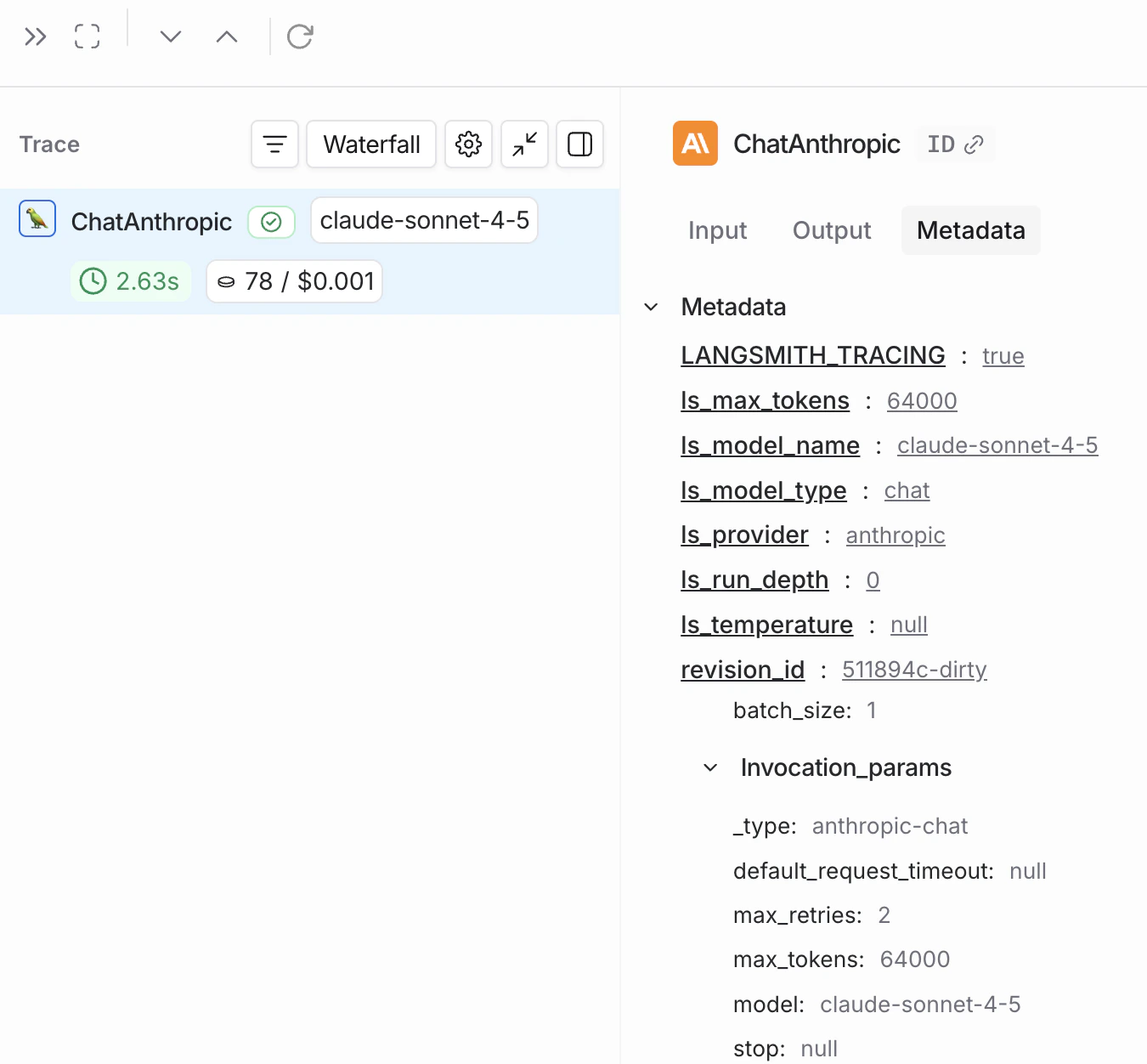 Metadata for a run in the LangSmith UI.