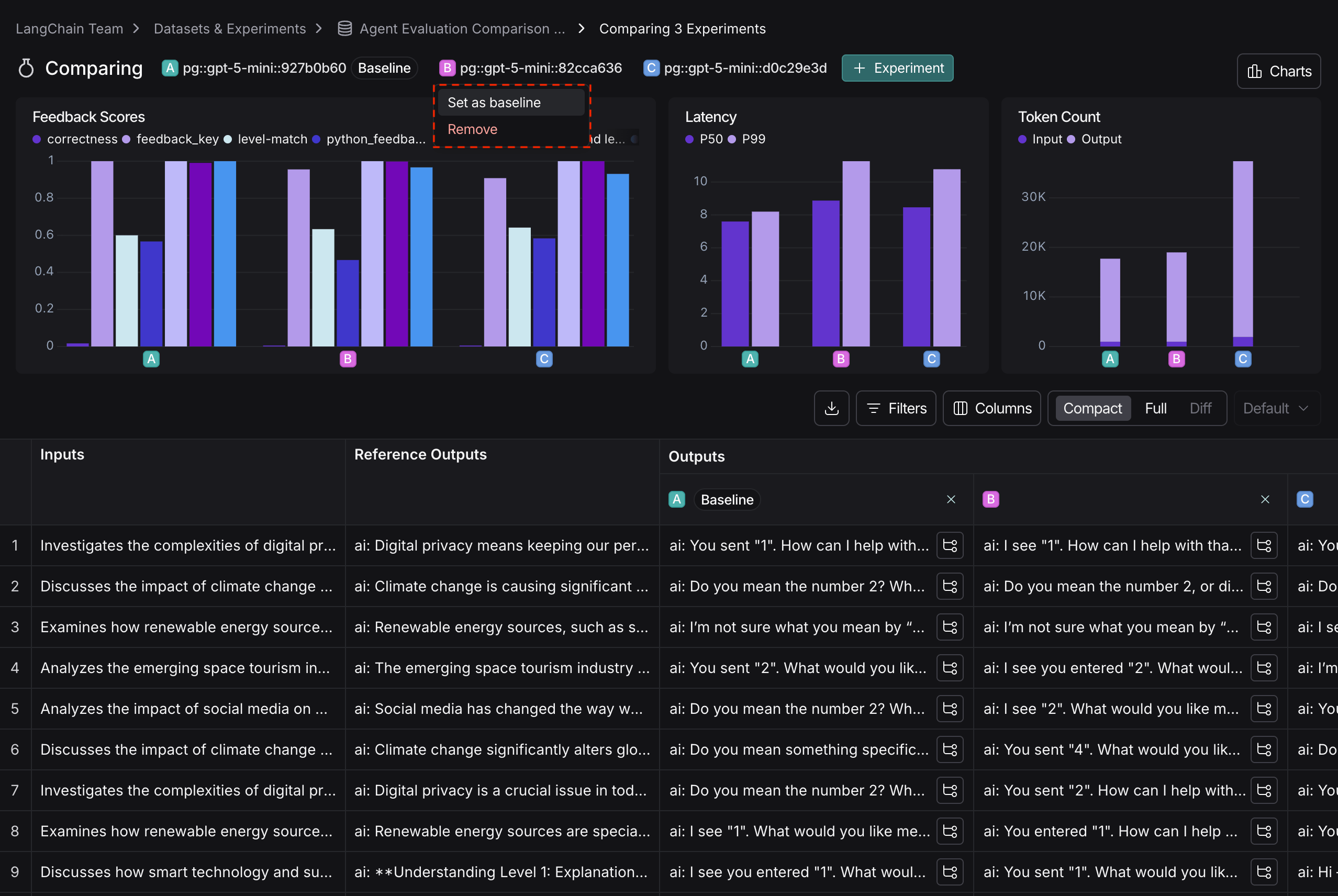 Configuring baseline experiment in dropdown, in dark mode.