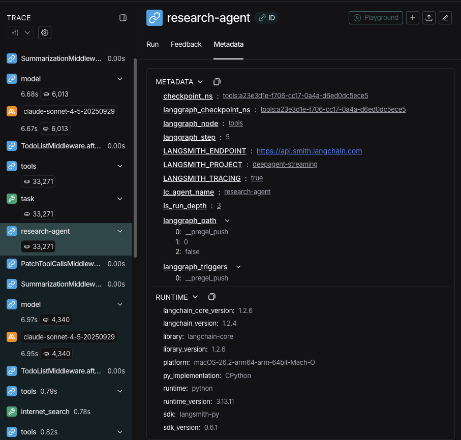 LangSmith Example trace showing the metadata