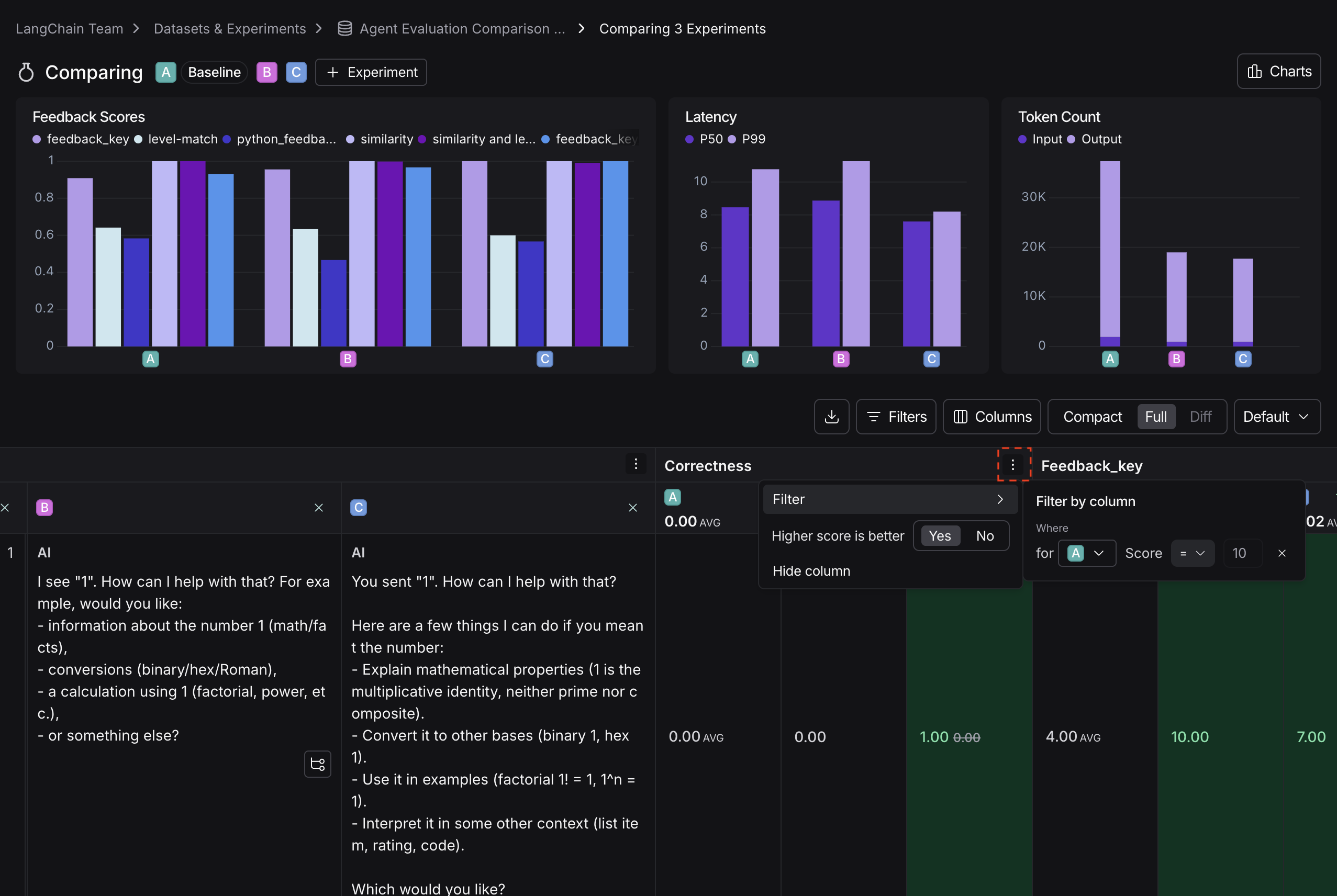 Filtering on specific columns, in dark mode.