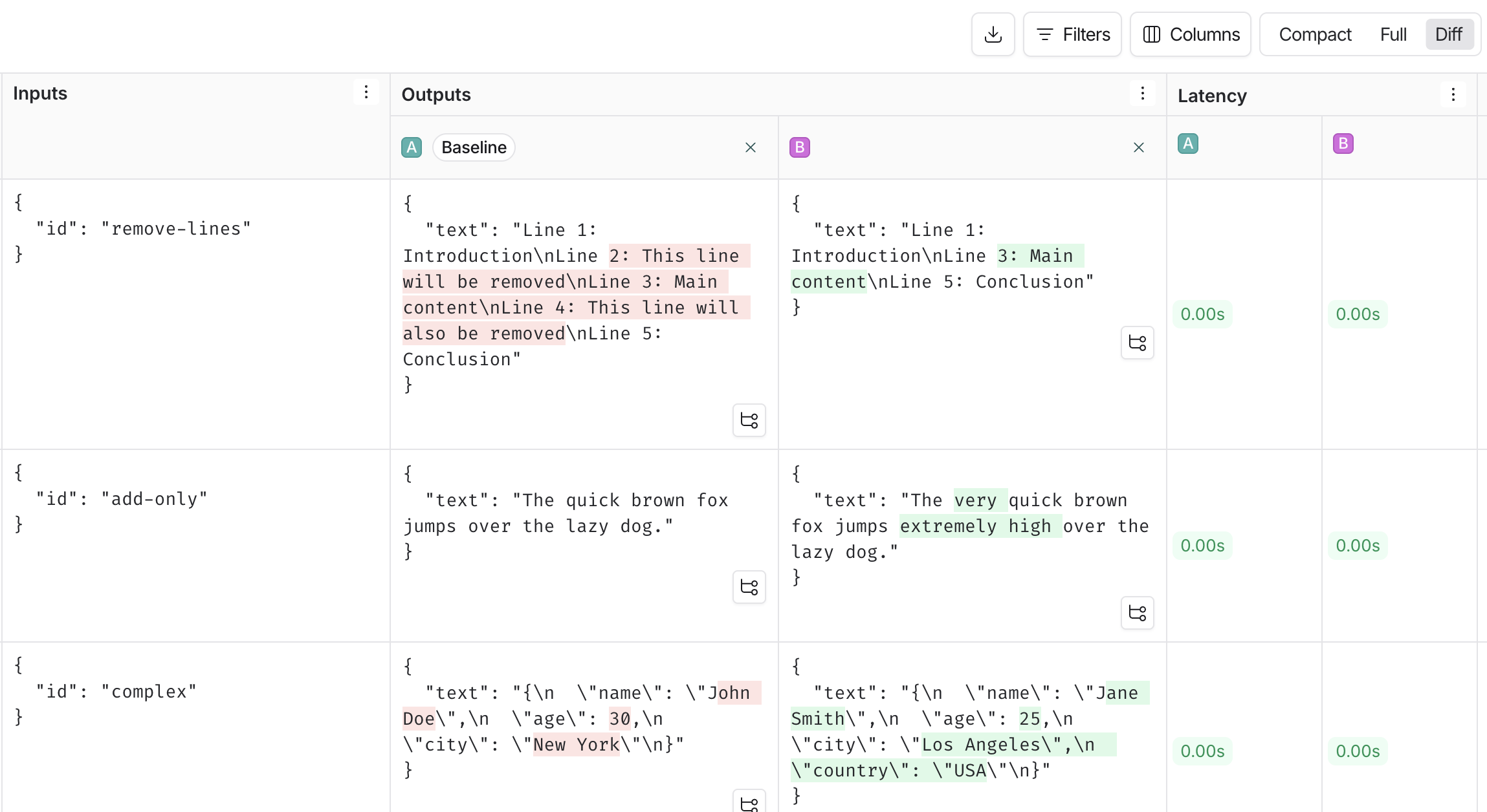 The comparison diff mode in light.