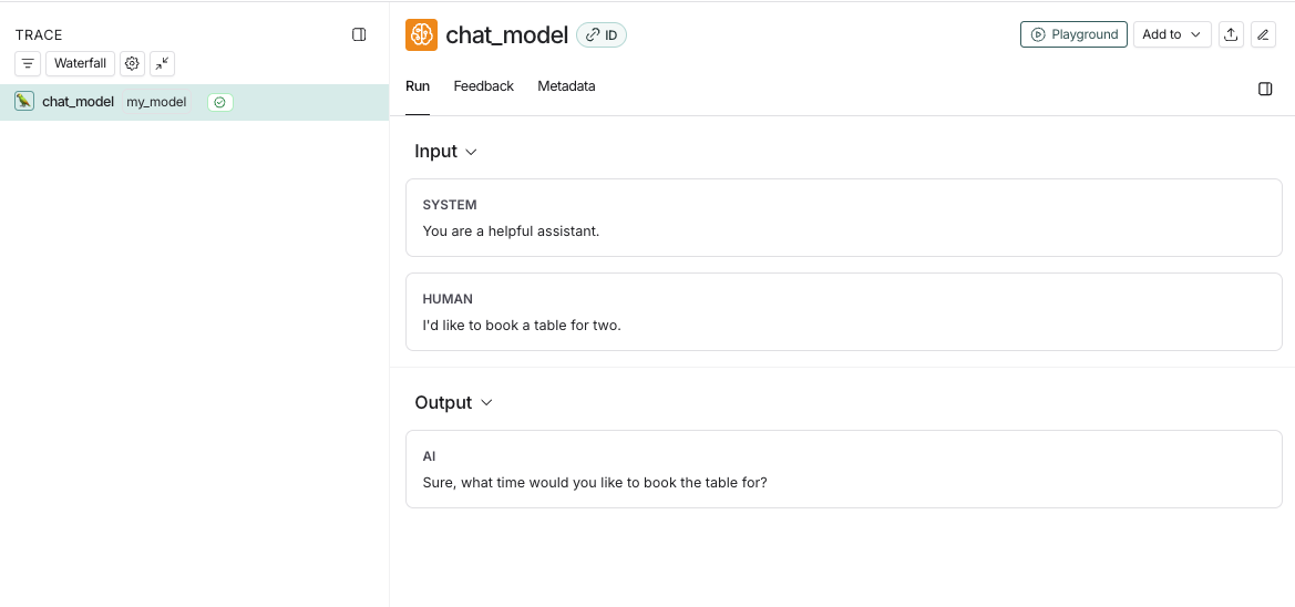 LangSmith UI showing an LLM call trace called ChatOpenAI with a system and human input followed by an AI Output.