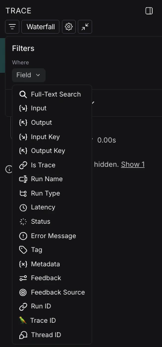 LangSmith trace view showing filter options with 'Filtered Only', 'Show All', and 'Most relevant' view modes