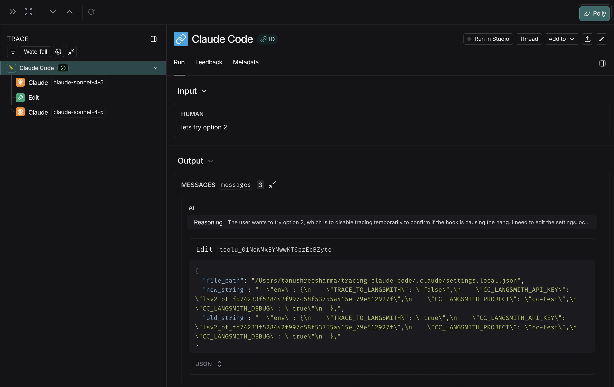 LangSmith UI showing trace from Claude Code.