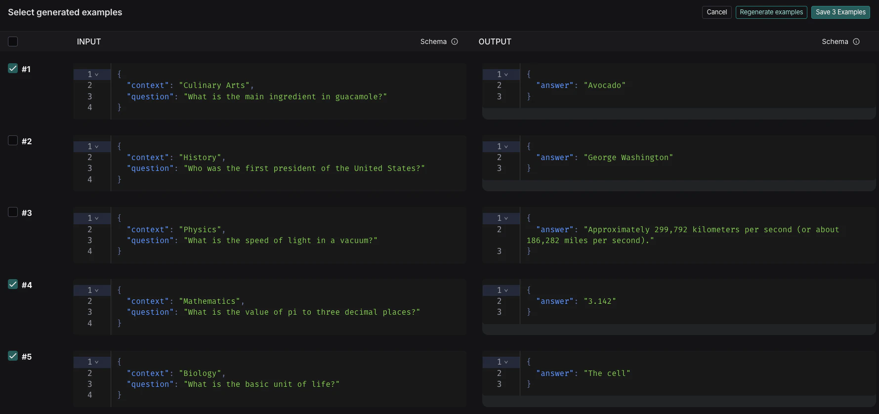 Select generated examples page with generated examples selected and Save examples button.