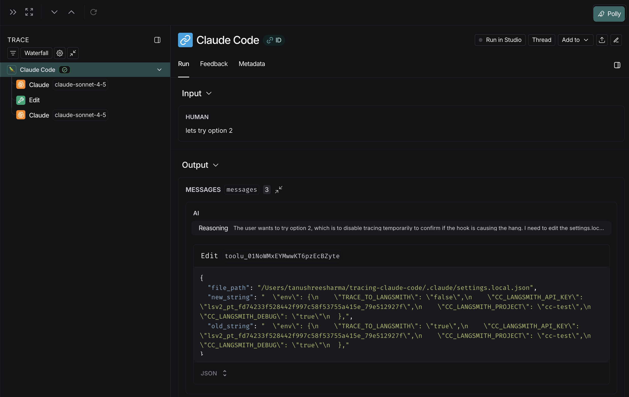 LangSmith UI showing trace from Claude Code.