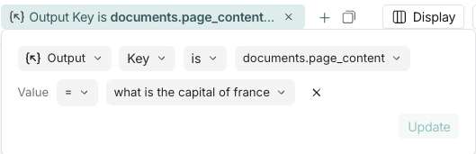LangSmith filter showing output key-value search using dot notation for 'documents.page_content' key
