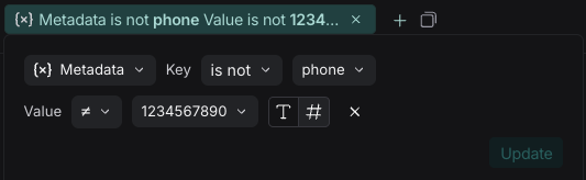 LangSmith filter showing negative filtering with 'is not' operator for both key and value