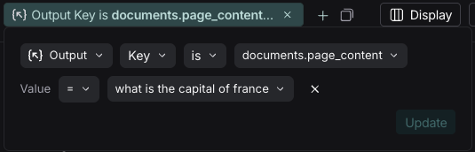 LangSmith filter showing output key-value search using dot notation for 'documents.page_content' key