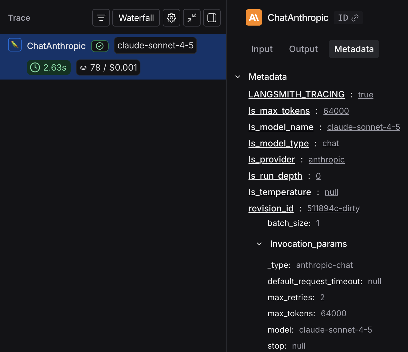 Metadata for a run in the LangSmith UI.